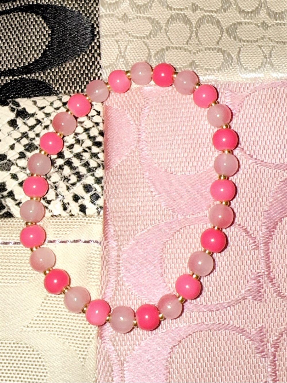 Pink Bead beaded stretch bracelet with gold spacers ✨💗